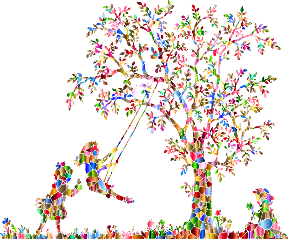 Children playing on colorful tree. 