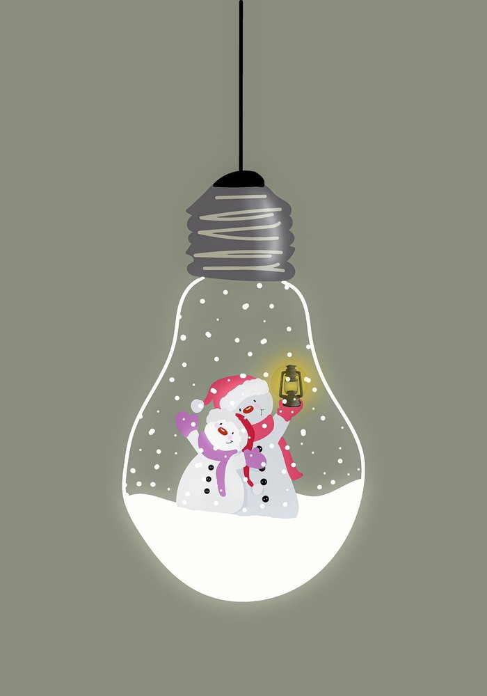 two snowmen in a light bulb with snow falling
