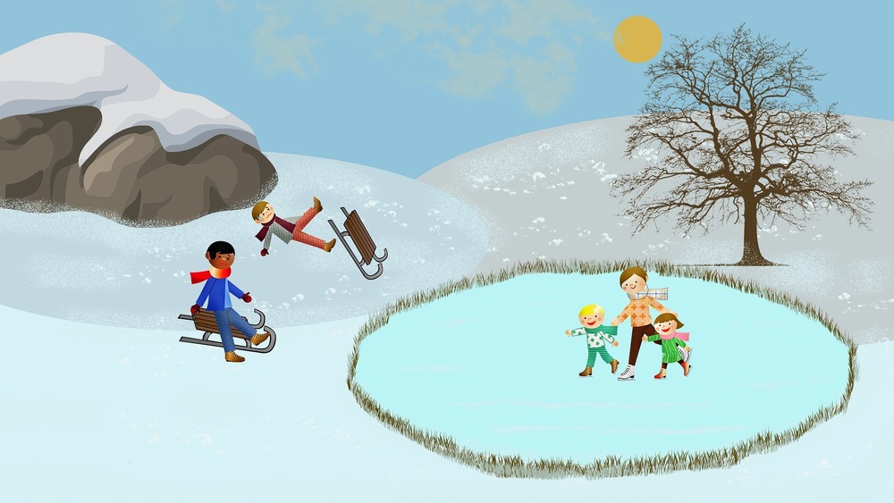 Family ice skating, two boys sledding in winter landscape
