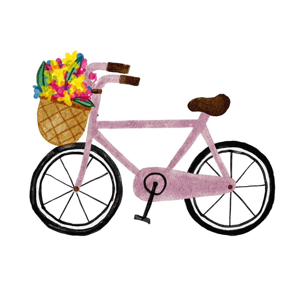 Pink bicycle with flower basket on the front 