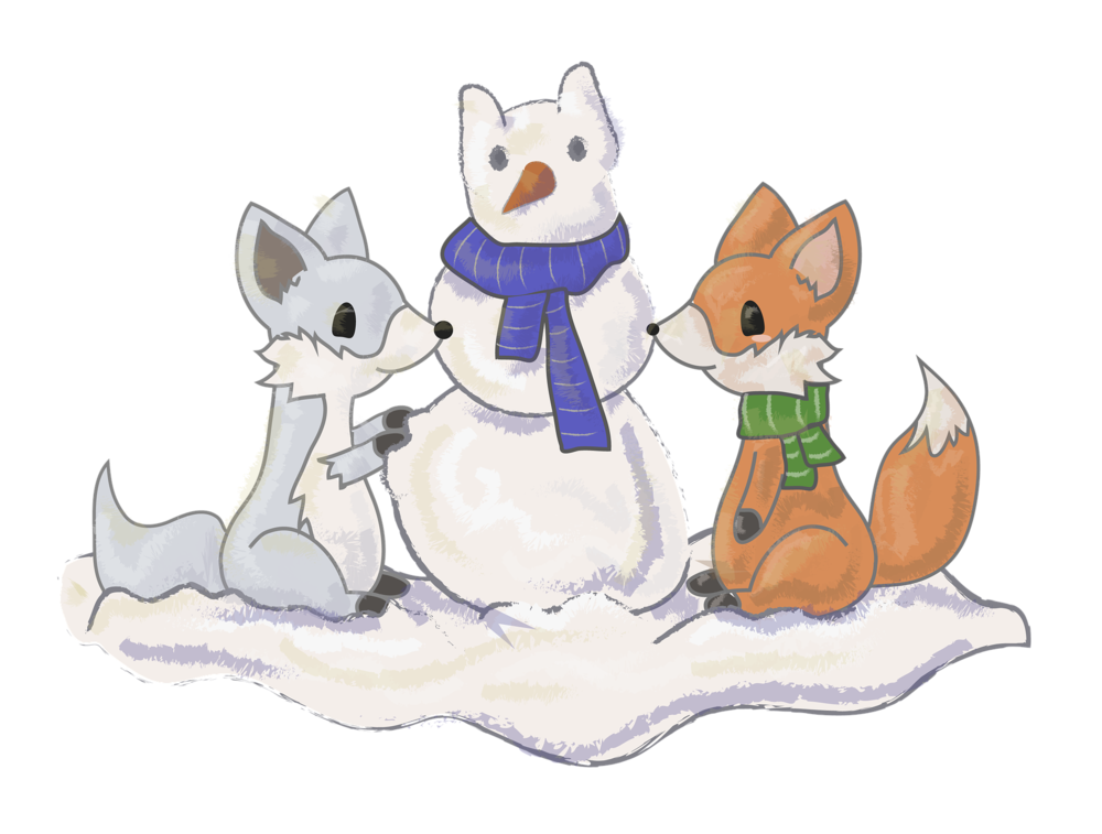 Foxes building a snowman