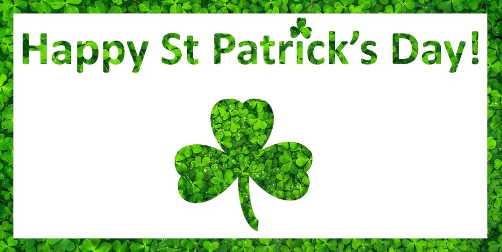 Happy St Patrick's Day with 3 leaf clover and clover border