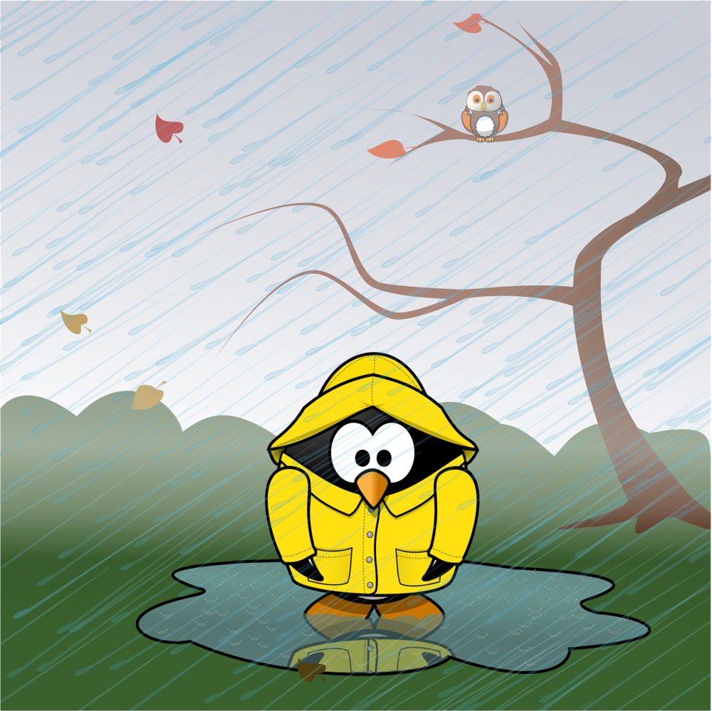 Penguin in raincoat standing in the rain with a empty tree behind .