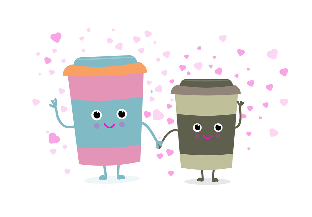 Pink coffee cup and brown coffee cup holding hands with hearts around them