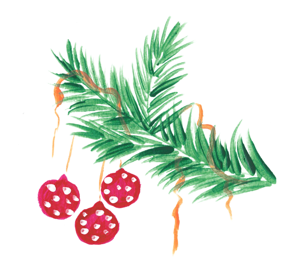 Pine branches with christmas ornaments